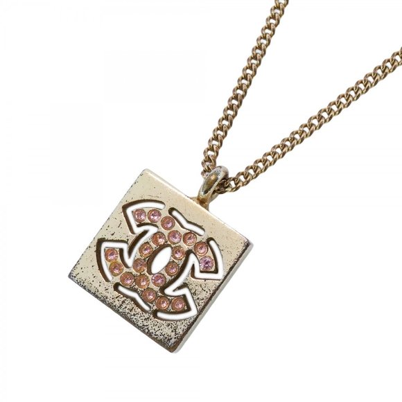 CHANEL Necklace Coco Mark Square GP Plated Color Stone Gold Pink - Picture 1 of 7
